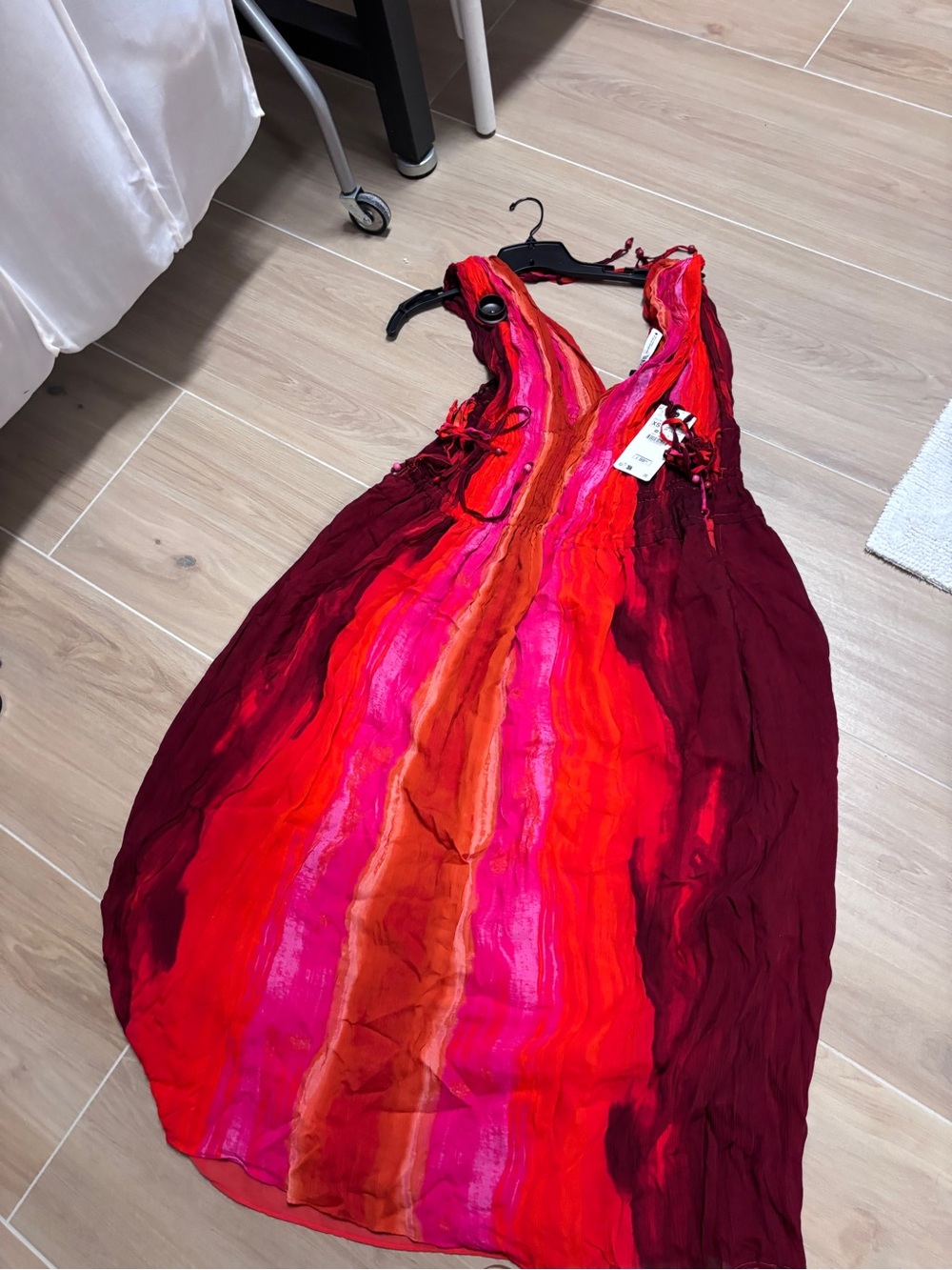 Zara Red & Pink Tie-Shoulder Maxi Dress